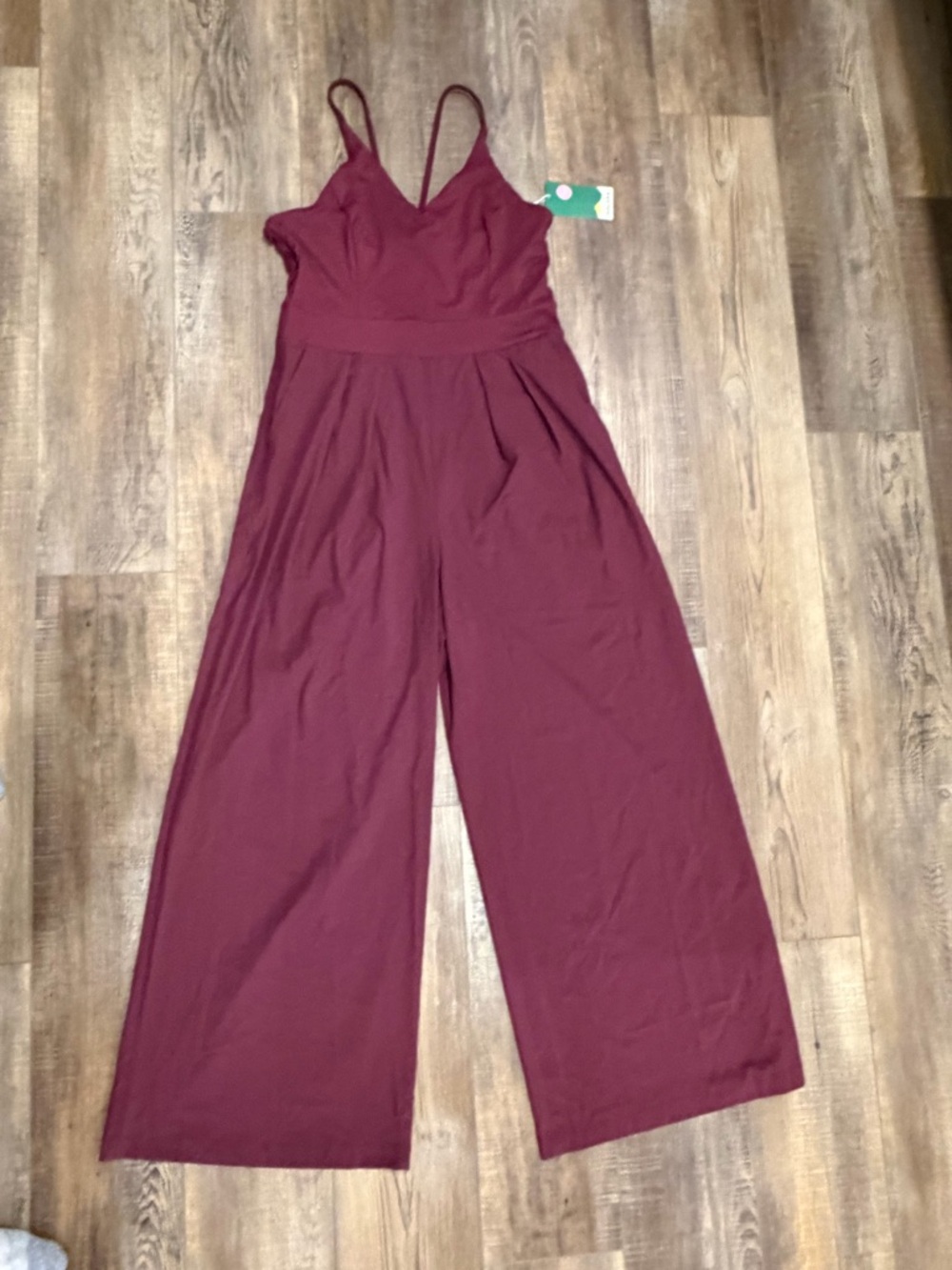 HALARA Burgundy V-Neck Wide-Leg Jumpsuit with Spaghetti Straps